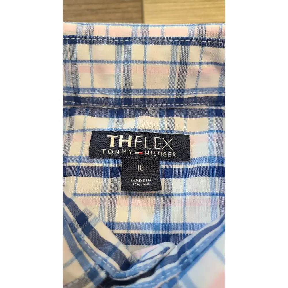 Tommy Hilfiger THFlex Button Down Shirt Mens 18 Blue Pink Plaid Stretch Career